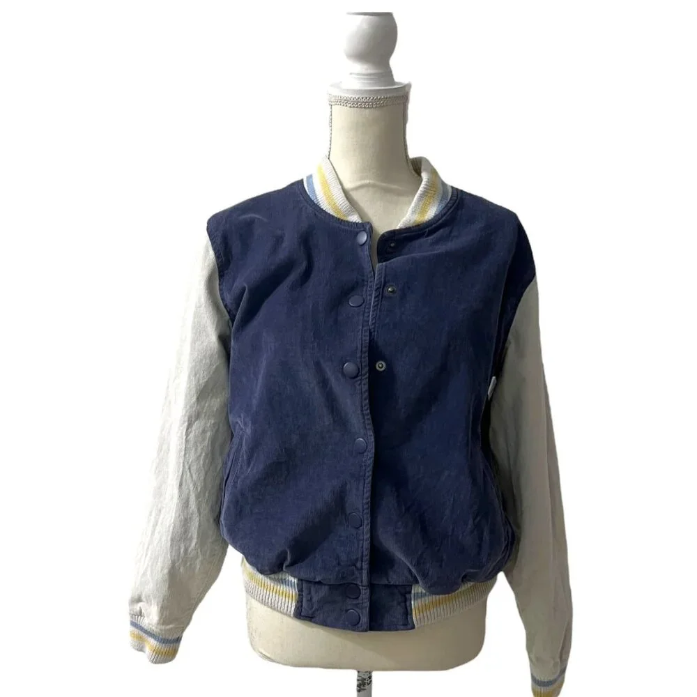 Aerie Preppy Blue Corduroy Snap Front Academia Varsity Jacket Size Small - Picture 6 of 10